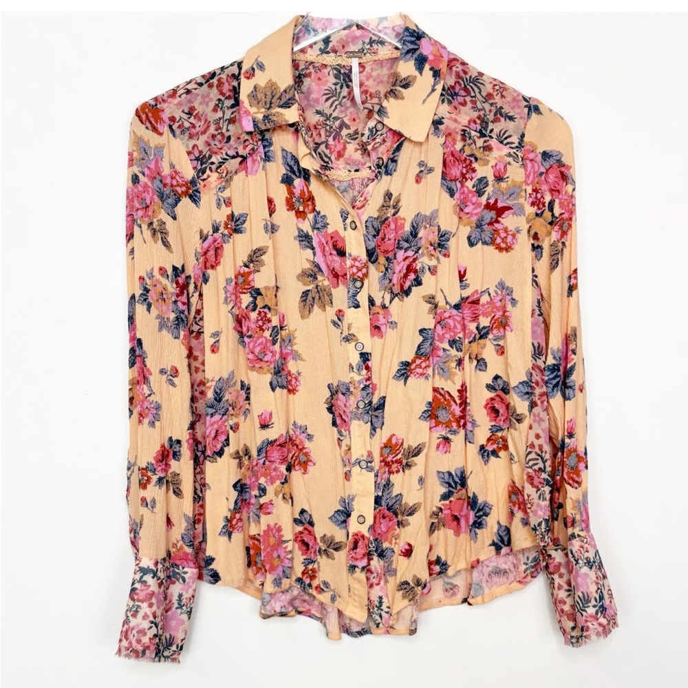 Free People Boho Floral Pink Peach Blouse Sz Large - Picture 2 of 8